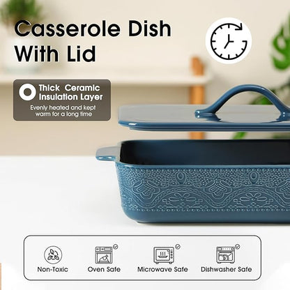 Casserole Dish with Lid, Ceramic 9x13 Casserole Dish for Oven, Rectangular Bakeware, Large Baking Dish with Handles for Holiday Cooking, Roasting, Baking, Oven & Microwave Safe (Blue) - Image 6