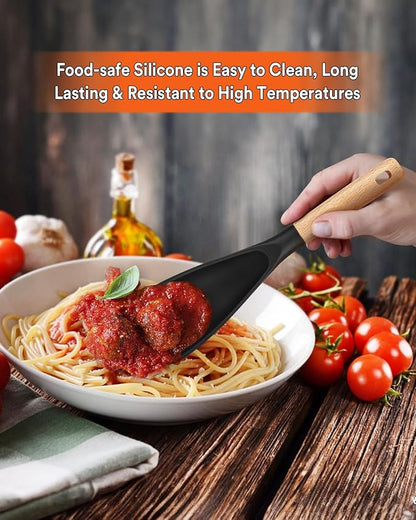 Cooking Spoon for Nonstick Cookwares, Great for Cooking and Serving Sturdy BPA-Free Matte Silicone, Wood Handle Spoon for Mixing, Scoop, and Scrape (2 Pack of Black, 11.4 inch) - Image 3
