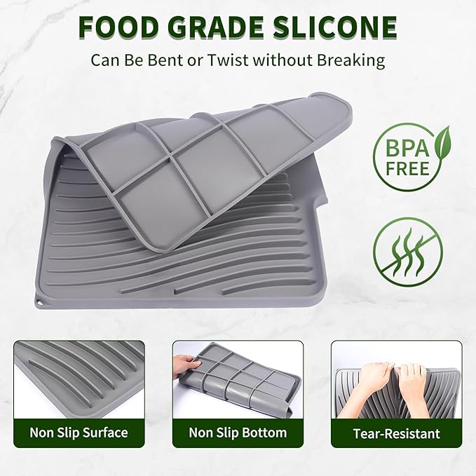 Silicone Dish Drying Mat 16x13,Food-Grade Silicone,Easy Clean Pad for Countertop Protection,Heat Resistant,Easy Clean,Non-Slip Drain Pad with Built-in Drain,Multi-Functional Use,Grey - Image 4