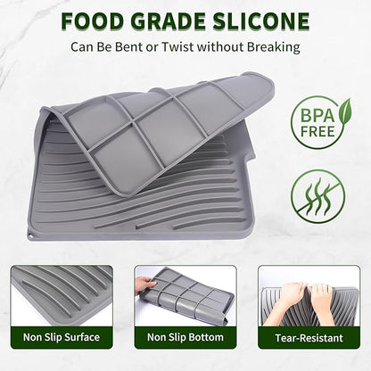 Silicone Dish Drying Mat 16x13,Food-Grade Silicone,Easy Clean Pad for Countertop Protection,Heat Resistant,Easy Clean,Non-Slip Drain Pad with Built-in Drain,Multi-Functional Use,Grey - Image 4
