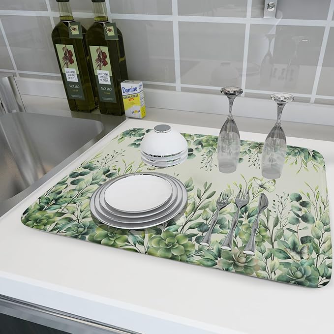 Giwawa Spring Summer Leaf Dish Drying Mat for Countertop, 18"x24" Eucalyptus Leaves Butterfly Dish Drainer Mats, Sage Green Fast Dry Microfiber Large Dish Drying Pad Decoration