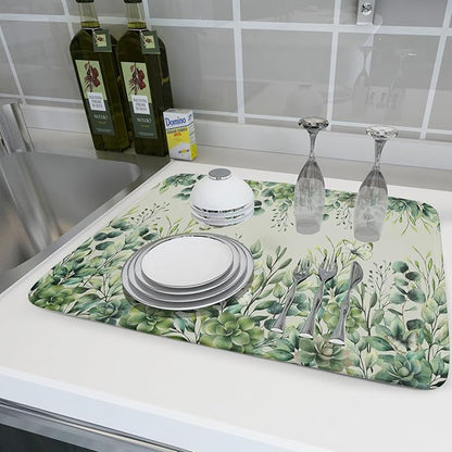 Giwawa Spring Summer Leaf Dish Drying Mat for Countertop, 18"x24" Eucalyptus Leaves Butterfly Dish Drainer Mats, Sage Green Fast Dry Microfiber Large Dish Drying Pad Decoration