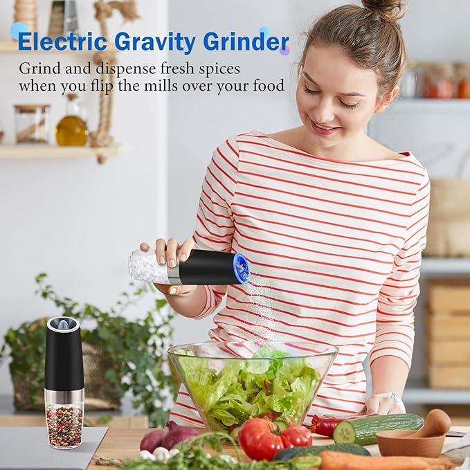 Gravity Electric Salt and Pepper Grinder Set, Battery Powered LED Light One Hand Automatic Operation, Adjustable Coarseness Mill Grinders Shakers Black (A.Black 2p)
