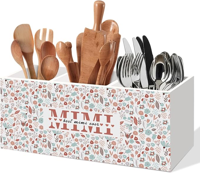 Best Mimi Ever Gifts Kitchen Utensil Holder, Grandma Gifts for Nana Gigi, Mothers Day Birthday Gift for Grandma from Grandkids, Mimi Gift Floral Wooden Cooking Utensil Holder