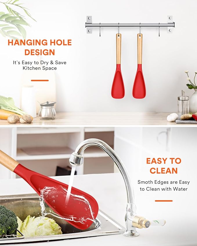 Cooking Spoon for Nonstick Cookwares, Great for Cooking and Serving Sturdy BPA-Free Matte Silicone, Wood Handle Spoon for Mixing, Scoop, and Scrape (2 Pack of Red, 13.4 inch) - Image 7