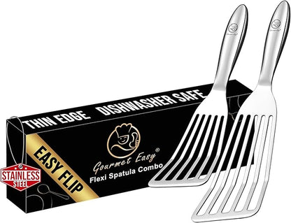 Stainless Steel Fish Spatula Set – 1 Large Fish Turner + 1 Small Metal Spatula, Ultra-Thin Edge for Easy Turning & Flipping, Metal Kitchen Utensils with Ergonomic Non-Slip Handle, Dishwasher Safe by GourmetEasy