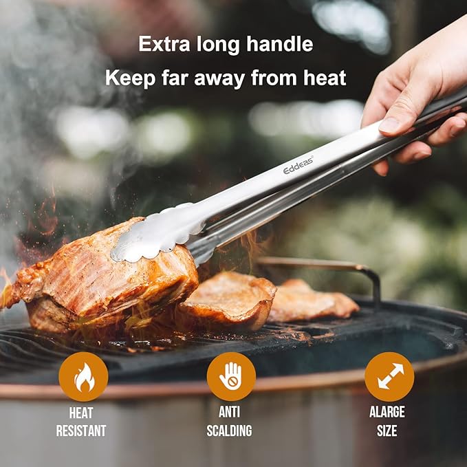 Eddeas Grill Tongs, Bbq tongs - 12" and 17 Inch Extra Long Kitchen Tong, Heat Resistant 600 Degrees Stainless Steel tongs, Metal Locking Tong for Cooking, Grilling, Outdoor Barbecue, Set of 2 - Image 2