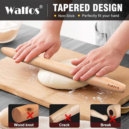 WALFOS French Rolling Pin and Silicone Baking Mat Set, Non-Stick Beech Wood Rolling Pin 15.7 Inch and Pastry Mat for Best Pie Crust, Cookie, Pasta and Pizza Dough - Image 2