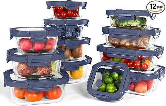 12-Pack Glass Containers with Tempered Lids – Borosilicate, Oven-Safe(-4°F~950°F), Airtight, BPA-Free, Multi-Size for Meal Prep, Dishwasher Safe, 1.6 cups to 6.4 cups (Blue)