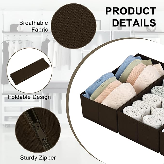 DIMJ Drawer Organizer Clothes, Underwear Drawer Organizer, Set of 4 Foldable Closet Drawer Bins, Fabric Drawer Dividers for Baby Clothes, Socks, Belt, Tie (Brown) - Image 2