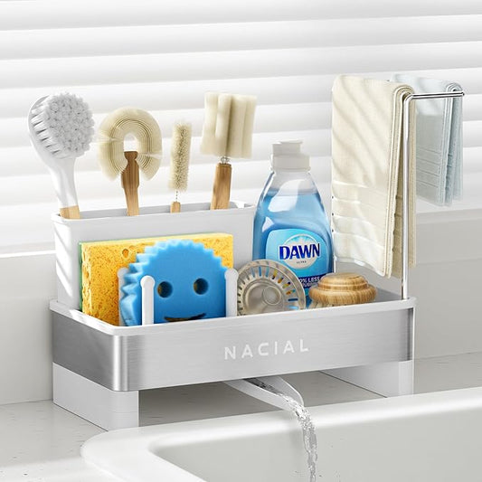 Nacial Sponge Holder for Kitchen Sink, Sink Caddy Organizer with High Brush Holder & Two Towel Racks - Rustproof 304 Stainless Steel Kitchen Countertop Storage Essentials - White by NacialPromise-Consumersfirstalways