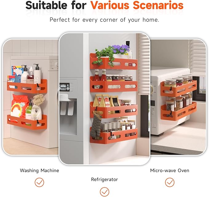 Sevenblue 4 Pack Strong Magnetic Spice Rack for Refrigerator, Multipurpose Magnetic Shelf for Fridge with 4 Hooks for kitchen and Bathroom Organization, Orange - Image 6