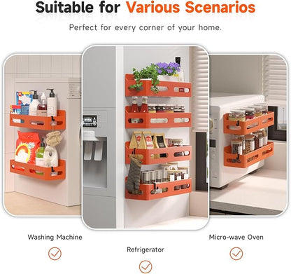 Sevenblue 4 Pack Strong Magnetic Spice Rack for Refrigerator, Multipurpose Magnetic Shelf for Fridge with 4 Hooks for kitchen and Bathroom Organization, Orange - Image 6
