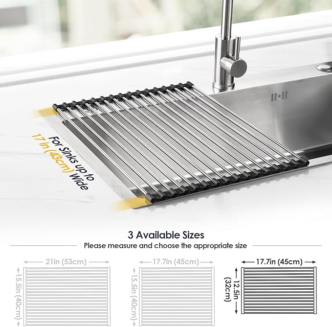 Tomorotec 17.7" x 12.5" Roll Up Dish Drying Rack Over Sink Drying Rack Sink Cover Kitchen Sink Accessories Gadget Multipurpose Organizer Foldable Stainless Steel Drainer - Image 4