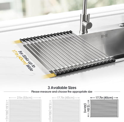 Tomorotec 17.7" x 12.5" Roll Up Dish Drying Rack Over Sink Drying Rack Sink Cover Kitchen Sink Accessories Gadget Multipurpose Organizer Foldable Stainless Steel Drainer - Image 4