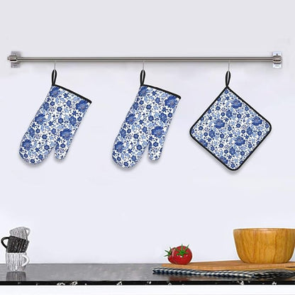 Navy Blue Floral Oven Mitts and Pot Holders Sets, Blue Chinoiserie Kitchen Mitts,Heat Resistant Oven Gloves Potholders for BBQ Baking Cooking Gifts for Baker Women & Housewarming Gifts for Hostress