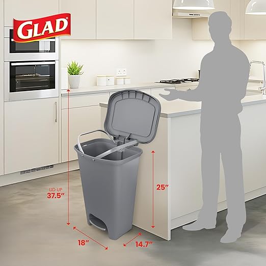 Glad Kitchen Trash Can | Large Plastic Waste Bin with Odor Protection of Lid | Hands Free with Step On Foot Pedal and Garbage Bag Rings, 13 Gallon, Grey - Image 2