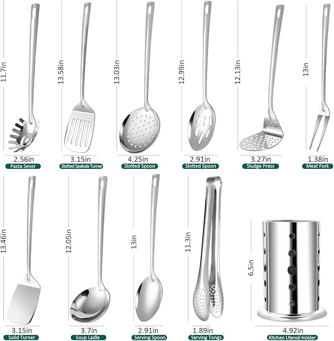 Lazycorner Kitchen Utensils Set, 11pcs Stainless Steel Cooking Utensils Set with Holder – Includes Turners, Potato Masher, Spatula, Spoons, Pasta Server, Tongs, Soup Ladle, Serving Spoon - Image 2