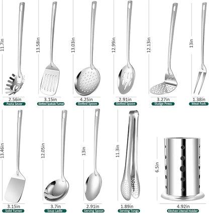 Lazycorner Kitchen Utensils Set, 11pcs Stainless Steel Cooking Utensils Set with Holder – Includes Turners, Potato Masher, Spatula, Spoons, Pasta Server, Tongs, Soup Ladle, Serving Spoon - Image 2