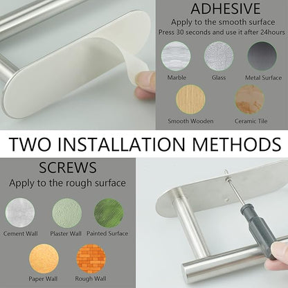 Paper Towel Holder with 2 Hooks-Under Cabinet Paper Towel Holder for Kitchen, Self-Adhesive or Screws, Space Saving Wall Mounted Kitchen Roll Holder, Bathroom, Stainless Steel Brushed Nickel