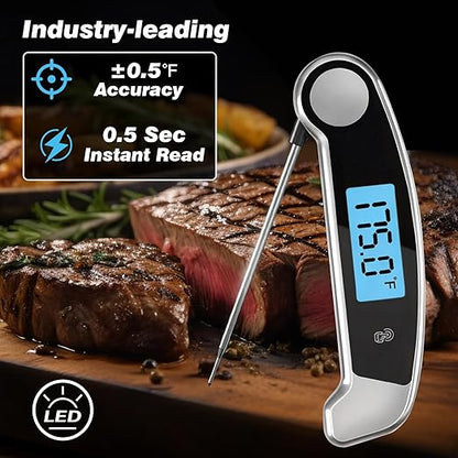 Meat Thermometer Digital Waterproof Instant Read Thermometer for Cooking Food Thermometer with Backlight & ±0.5℃ Precision Cooking Thermometer for Kitchen ℃/℉ Convertible Grey