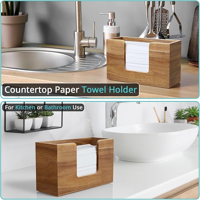 Paper Towel Dispenser Countertop, Acacia Wood Bathroom Paper Towel Holder, Napkin Holder for Kitchen, Multifold C-Fold, Z-Fold, Trifold for Bathroom Toilet Home - Image 3