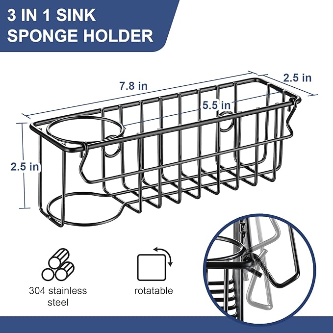 3-In-1 Sponge Holder for Kitchen Sink, 2 Type Suspension Options (Suction Cups & Adhesive Hook), Hanging Sink Caddy Organizer Rack - Sponge, Dish Cloth, Brush, Scrubber, 304 Stainless Steel - Black - Image 3