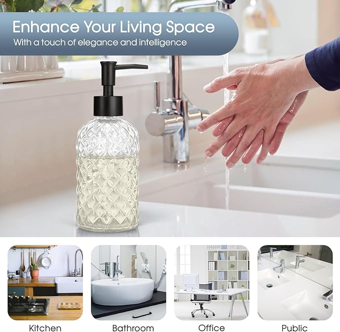 Topsky Gem Glass Soap Dispenser with Black Plastic Pump, 13oz Liquid Hand Soap Dispenser, Rustproof Pump for Kitchen & Bathroom, Great for Lotions, Essential Oil, Liquid Soaps-Clear - Image 6
