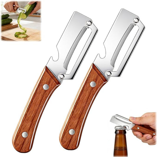 Premium Vegetable Peeler with Wooden Handle and Bottle Opener,2-in-1 Stainless Steel Kitchen Tool for Fruit Potato Zucchini Pumpkin Papaya(2 PSC) by Unknown