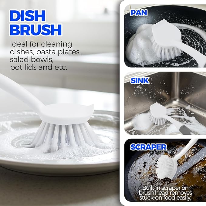Holikme 6 Pack Dish Brush Set with Bottle Brush, Dish Scrub Brush, Pan Brush and 3 Straw Brushes, Deep Cleaning Handle Brush with Scraper Tip for Kitchen Sink Dishes Bottle Cup Pot and Pans (Gray) - Image 2