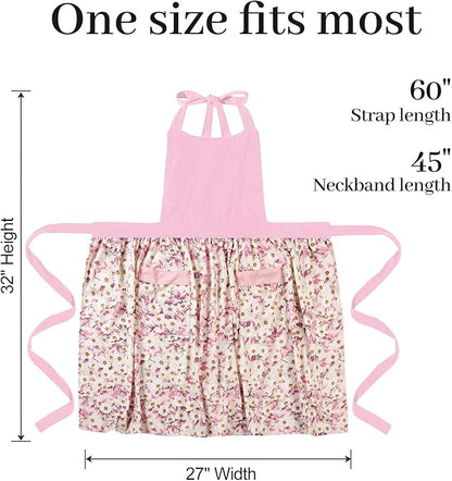 Cute Floral Aprons for Women with Pockets,Cotton Adjustable Neck Strap Apron for Kitchen Cooking Baking Gardening