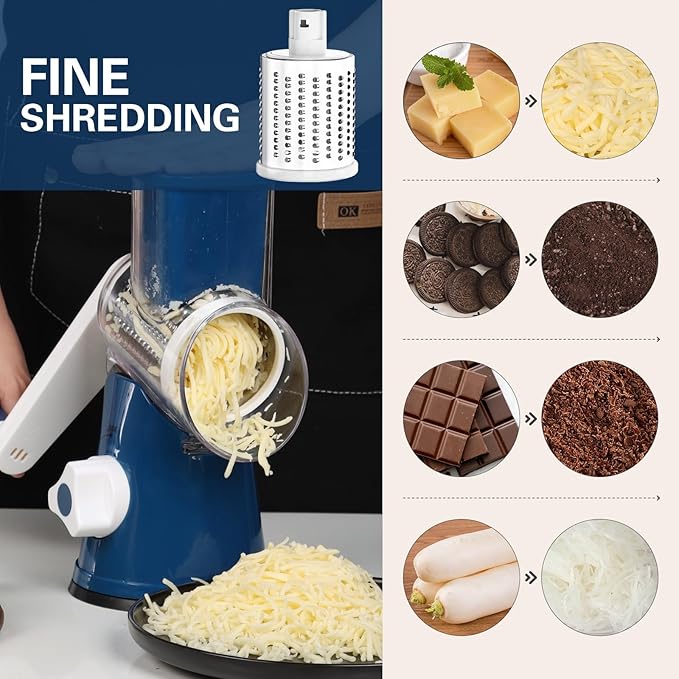 Cambom Rotary Cheese Grater Hand Crank Cheese Shredder for Fresh Cheese, Vegetable, Nuts,Non-slip Suction Base, Free Cleaning Brush Three Blades,Deep Blue - Image 4