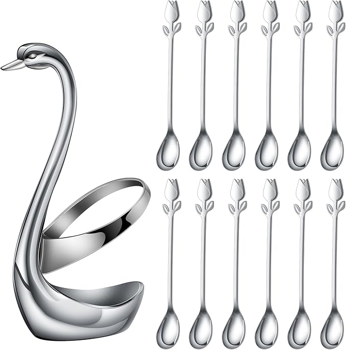 Silver Small Coffee Spoon Holder Set,Swan Base With 12 Pcs Demitasse Espresso Spoons Set,6" Mini Tulip/Rose Dessert Spoon,Stainless Steel Tea Spoons - Image 2