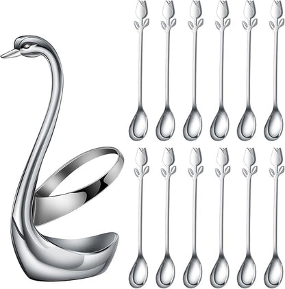 Silver Small Coffee Spoon Holder Set,Swan Base With 12 Pcs Demitasse Espresso Spoons Set,6" Mini Tulip/Rose Dessert Spoon,Stainless Steel Tea Spoons - Image 2