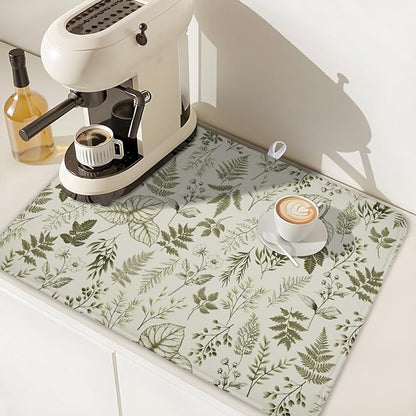 Vintage Botanical Floral Dish Drying Mat for Kitchen Counter Sage Green Herbs Fern Leaves Plant Microfiber Dish Drainer Mat Absorbent Washable Drying Pad Extra Large 18"x24"