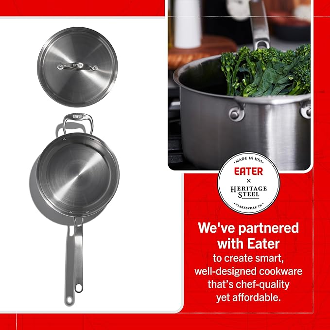 Heritage Steel x Eater 4 Quart Saucepan with Lid | Made in USA | 5-Ply Fully Clad Stainless Steel Pan | Stay Cool Handle Design | Induction Capable & Non-Toxic Cookware