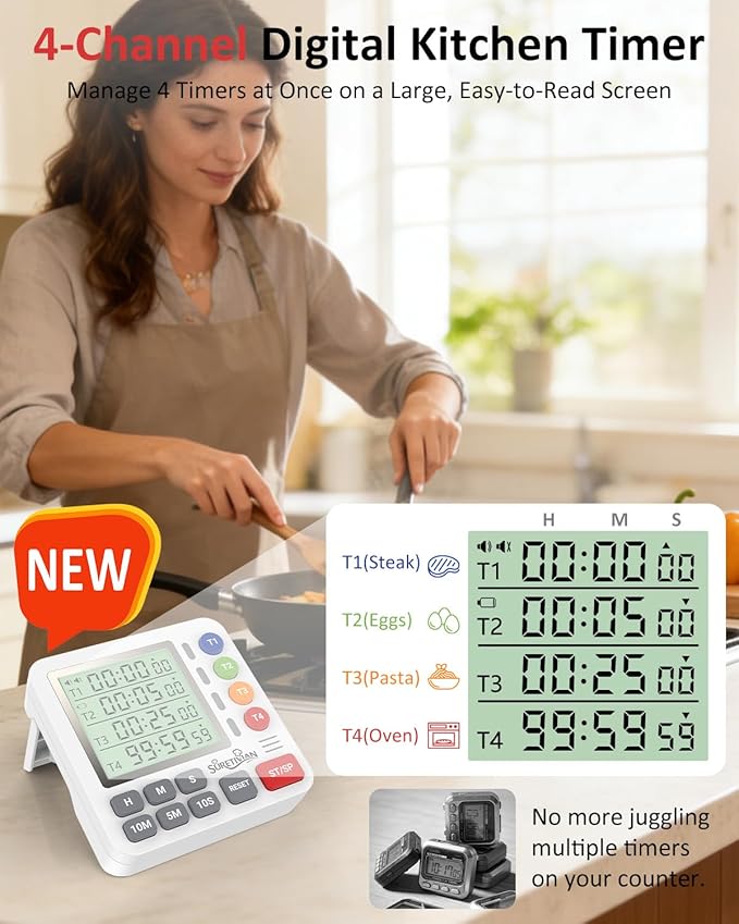 Digital Kitchen Timer for Cooking - 4 Channel Count Up Countdown Timer with Loud Alarm and Silent Mode, Large Display, Magnetic Back, Auto Memory for Classroom Study Gym, Battery Included (White) - Image 2
