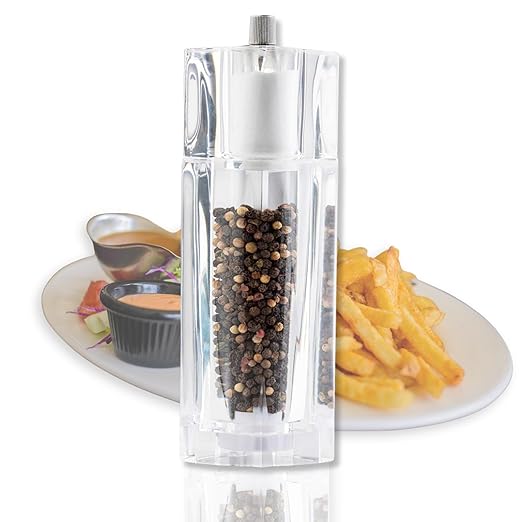 TableCraft 11832, Acrylic Salt and Pepper Mill Combo, 2-in-1 Grinder and Shaker, Clear, 30ml Shaker / 75ml Grinder, Break-Resistant, Square Design, Commercial Foodservice Grade by TableCraft