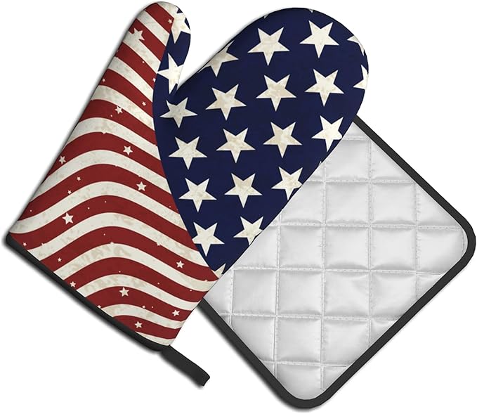 Patriotic Oven Mitts - American Flag Kitchen Mitts Pot Holders 4th of July Hot Mitts Independence Memorial Day Hot Pads Sets of 2 for Cooking Baking Grilling - Image 2