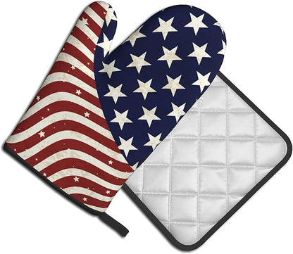 Patriotic Oven Mitts - American Flag Kitchen Mitts Pot Holders 4th of July Hot Mitts Independence Memorial Day Hot Pads Sets of 2 for Cooking Baking Grilling - Image 2