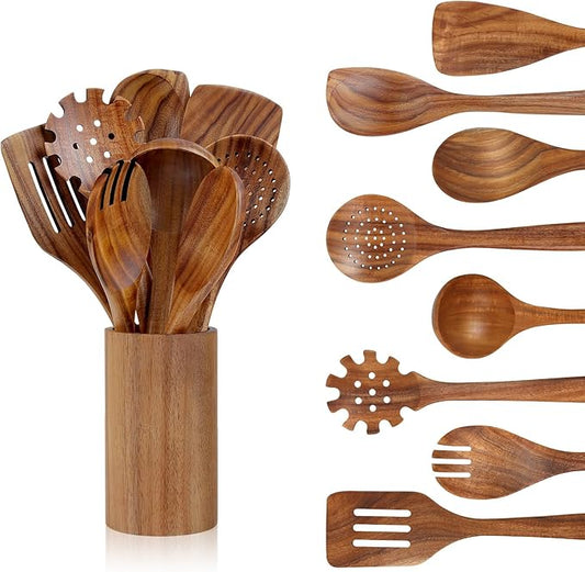 comfoyar Teak Wooden Spoons for Cooking, 9 Pieces Kitchen Cooking Utenails Set with Holder and Ladle, Heat Resistant Kitchen Cookware for Nonstick Pan by comfoyar