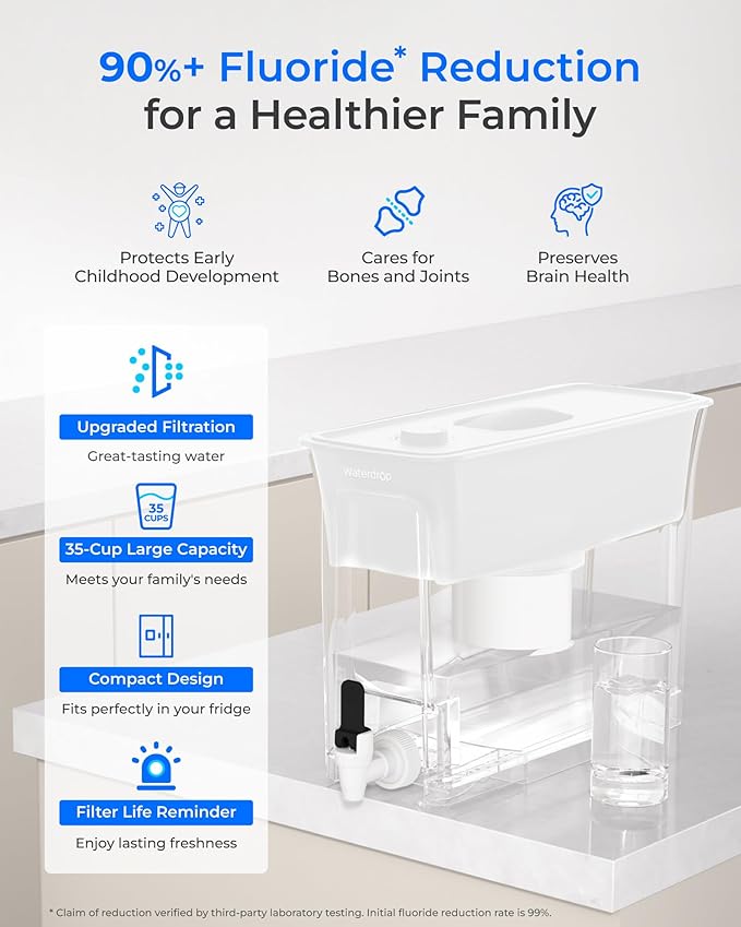 Waterdrop Fluoride-Reducing Water Filter Dispenser, 35-Cup, 150-Gallon Long-Life, Large Capacity, Reduces Chlorine, PFOA/PFOS and More, BPA Free, White (with 1 Filter) - Image 2