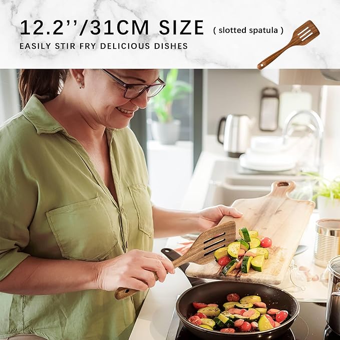 Wooden Spoons for Cooking, Nonstick Cooking Utensil Set with 9 Piece Acacia Wooden Spatulas and Spoons for Cooking, Terrific for Everyday Kitchen Tasks - Image 3