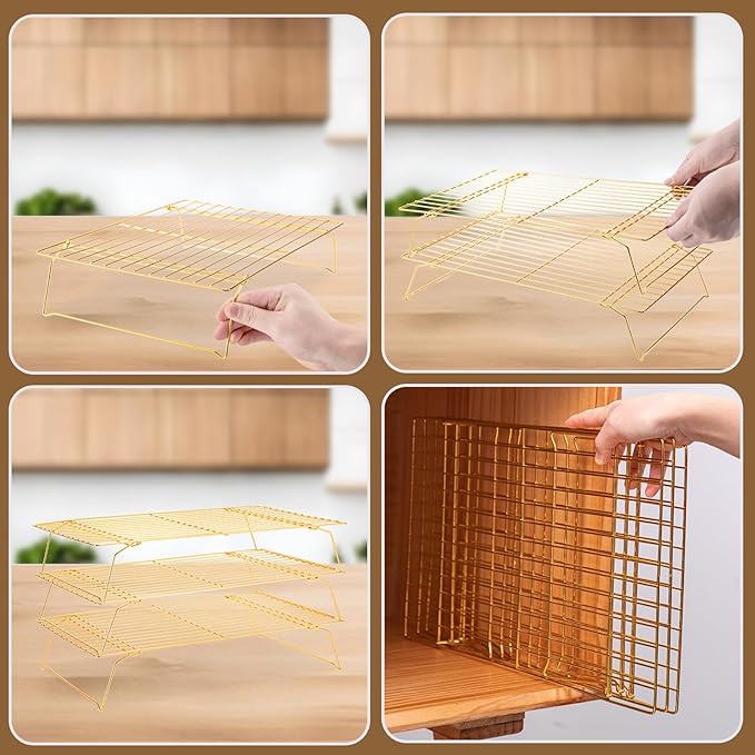 Cooling Rack for Baking 3 Tiers, 16" x 10" Cookie Cooling Wire Rack Stackable Collapsible Nonstick, Stainless Steel Baking Cooking Cooling Racks with Optimum Air Flow, Gold - Image 5