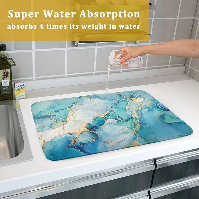 Marble Print Dish Drying Mat for Kitchen Counter,Blue Teal Turquoise Gold Drying Mat 18 x 24 Inch with Absorbent Reversible Microfiber Drying Pad for Coffee Bar - Image 7