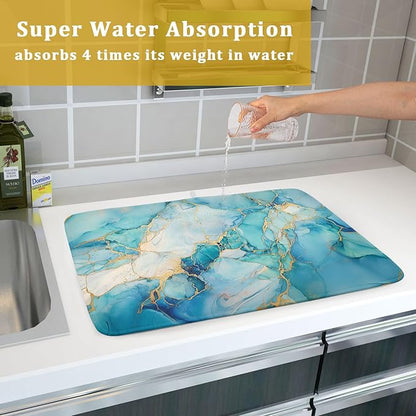 Marble Print Dish Drying Mat for Kitchen Counter,Blue Teal Turquoise Gold Drying Mat 18 x 24 Inch with Absorbent Reversible Microfiber Drying Pad for Coffee Bar - Image 7