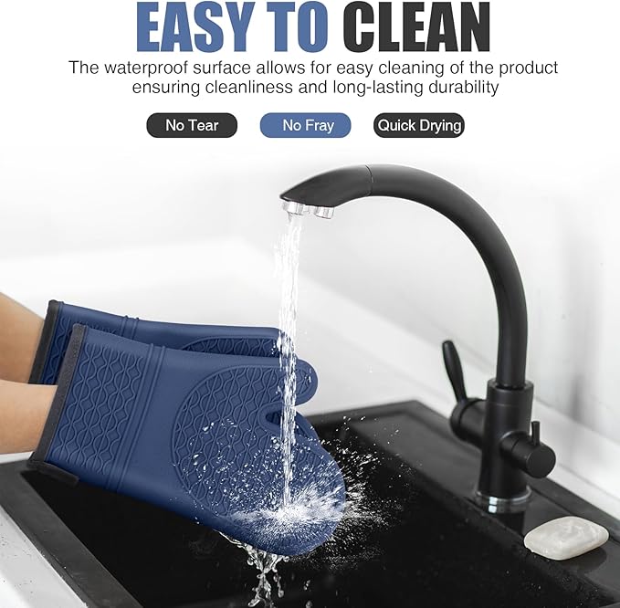 Silicone Oven Mitts, Heat Resistant 2PCS Oven Mitts with Soft Cotton Lining, Waterproof Non-Slip Grip Oven Glove, Kitchen Potholder Mits for BBQ, Baking, Cooking, 12.5 Inch - Dark Blue - Image 5