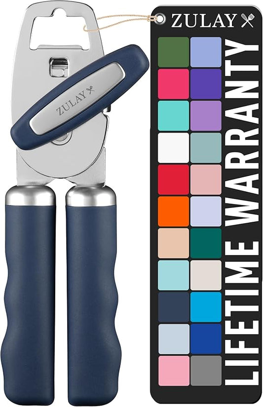 Zulay Kitchen Heavy Duty Stainless Steel Can Opener Manual with Bottle Opener - Rust Proof Manual Can Opener With Turn Knob & Comfy Soft Grip Handles - Blue by ZulayKitchen