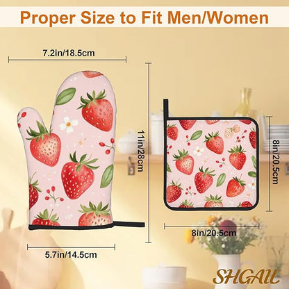 Strawberry Daisy Pattern Oven Gloves and Hot Pads Set - Heatproof Hand Protection for Baking, Grilling, Cooking 4Pcs