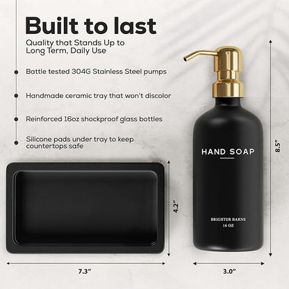 Luxury Glass Soap and Lotion Dispenser Set with Tray by Brighter Barns - Black and Gold Soap Dispenser Bathroom Set - Modern Bathroom Decor for Airbnb, Guest House, Vacation Rental, Gift (Black/Gold) - Image 3
